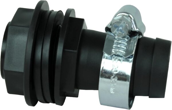GASMIS Fassanschluss mit Schlauchschelle - 3/4 Zoll AG (26 mm) x 25 mm (1 Zoll) Schlauchanschluß, Inkl. 2 Dichtungen und Kontermutter, Tankdurchführung Regentonnendurchführung, 1 Stück