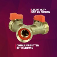 GASMIS Y-Verteiler G 3/4", Messing 2-Wege Wasserverteiler für gleichzeitigen Anschluss von zwei Geräten, 2-Wege-Verteiler, Wasserdurchfluss Regulier und Absperrbar, 1 Stück