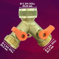 GASMIS Y-Verteiler G 3/4", Messing 2-Wege Wasserverteiler für gleichzeitigen Anschluss von zwei Geräten, 2-Wege-Verteiler, Wasserdurchfluss Regulier und Absperrbar, 1 Stück