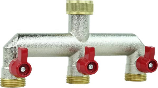 GASMIS 3-Wege Wasserverteiler G 3/4", 3-Fach Verteiler aus Messing mit Absperrhähnen, Wasserdurchfluss Regulier und Absperrbar, 1 Stück