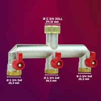 GASMIS 3-Wege Wasserverteiler G 3/4", 3-Fach Verteiler aus Messing mit Absperrhähnen, Wasserdurchfluss Regulier und Absperrbar, 1 Stück
