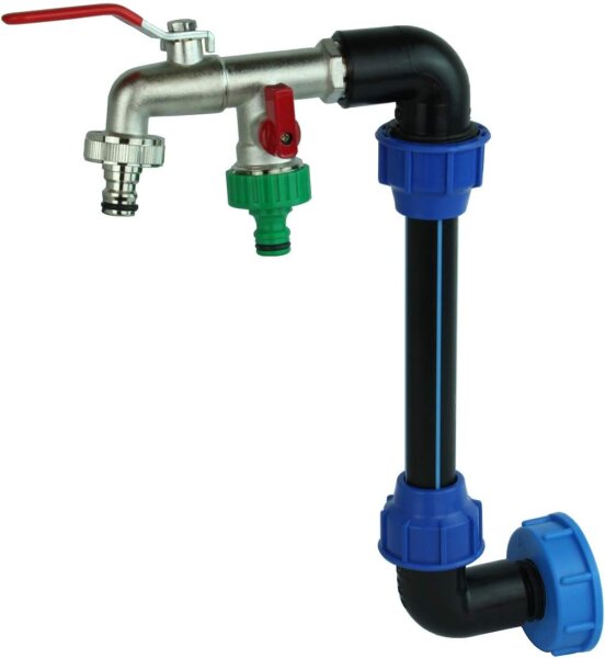 GASMIS IBC Schwanenhals Messing Doppel Wasserhahn 3/4" IBC Adapter S60x6 - Auslaufhahn 3/4" Abgang 1 Zoll - mit 2X Hahnanschlussstück - für Regenwassertank IBC-Container Regentonne
