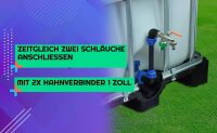GASMIS IBC Schwanenhals Messing Doppel Wasserhahn 3/4" IBC Adapter S60x6 - Auslaufhahn 3/4" Abgang 1 Zoll - mit 2X Hahnanschlussstück - für Regenwassertank IBC-Container Regentonne